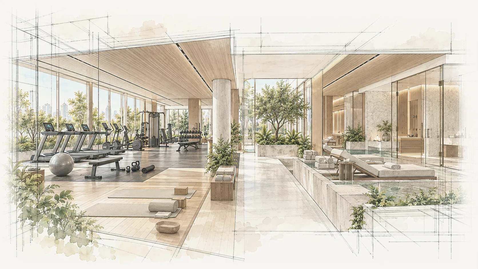 Ilustração conceitual de circuito wellness com academia e ambientes de bem-estar