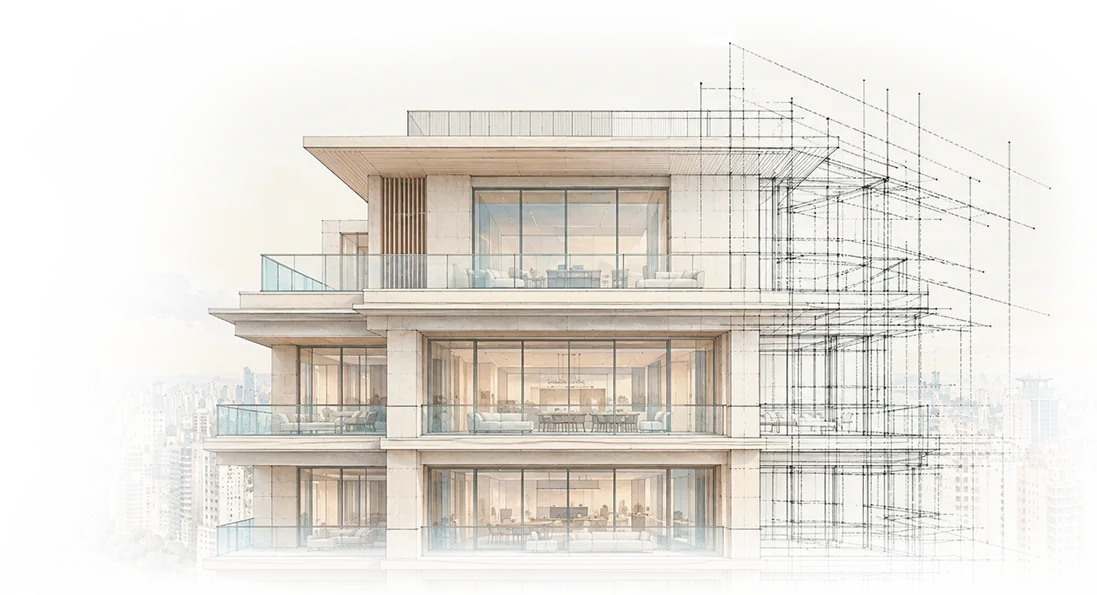 Desenho conceitual dos pavimentos da torre, com terraços amplos e estrutura arquitetônica